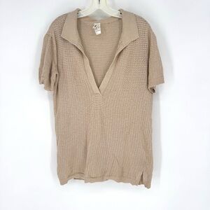 Pact Women's Short Sleeve Open Knit Polo Top in Beige